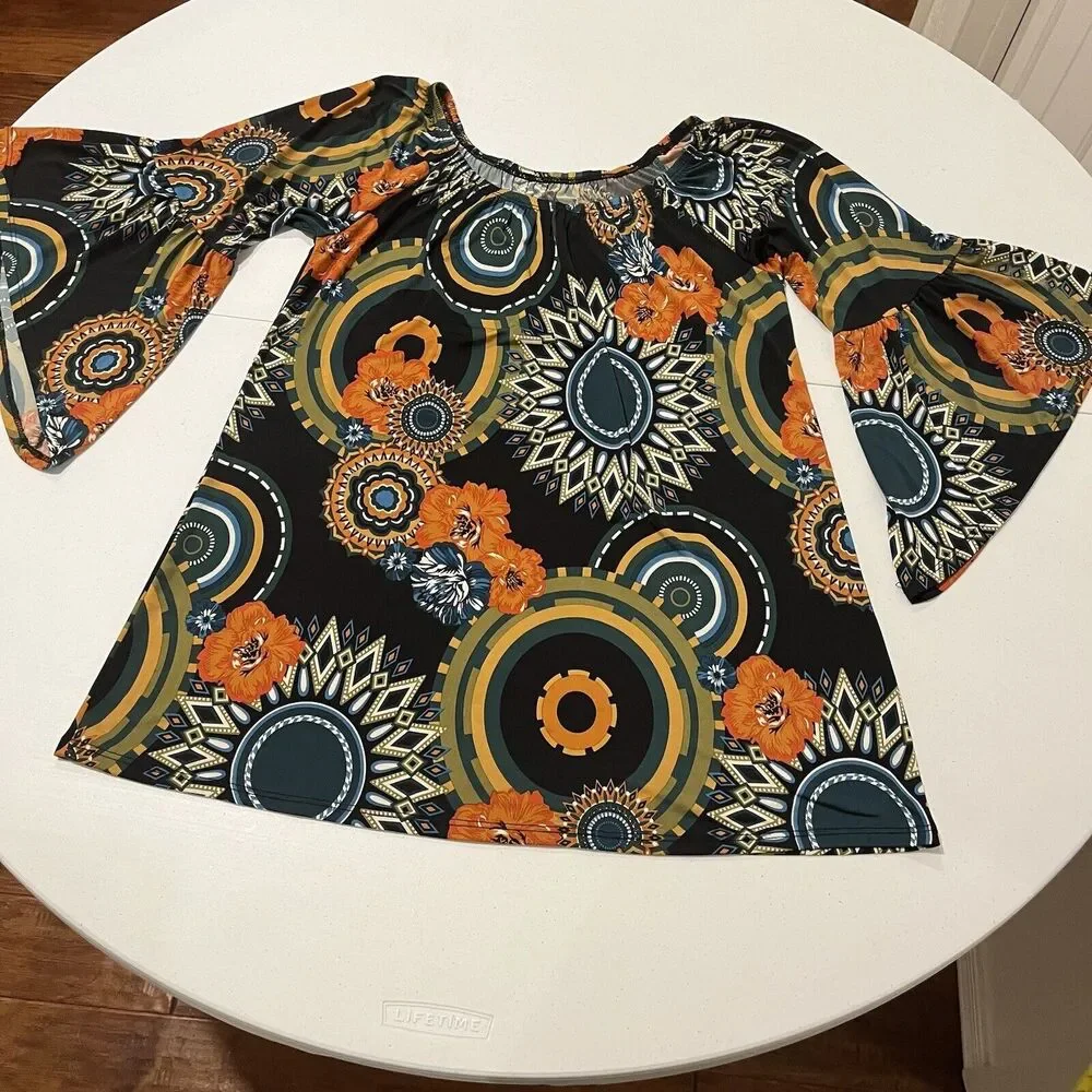 Womens Sz S Floral Off Shoulder Tunic Top / Dress Bell Sleeves Stretch Halloween - Picture 5 of 10